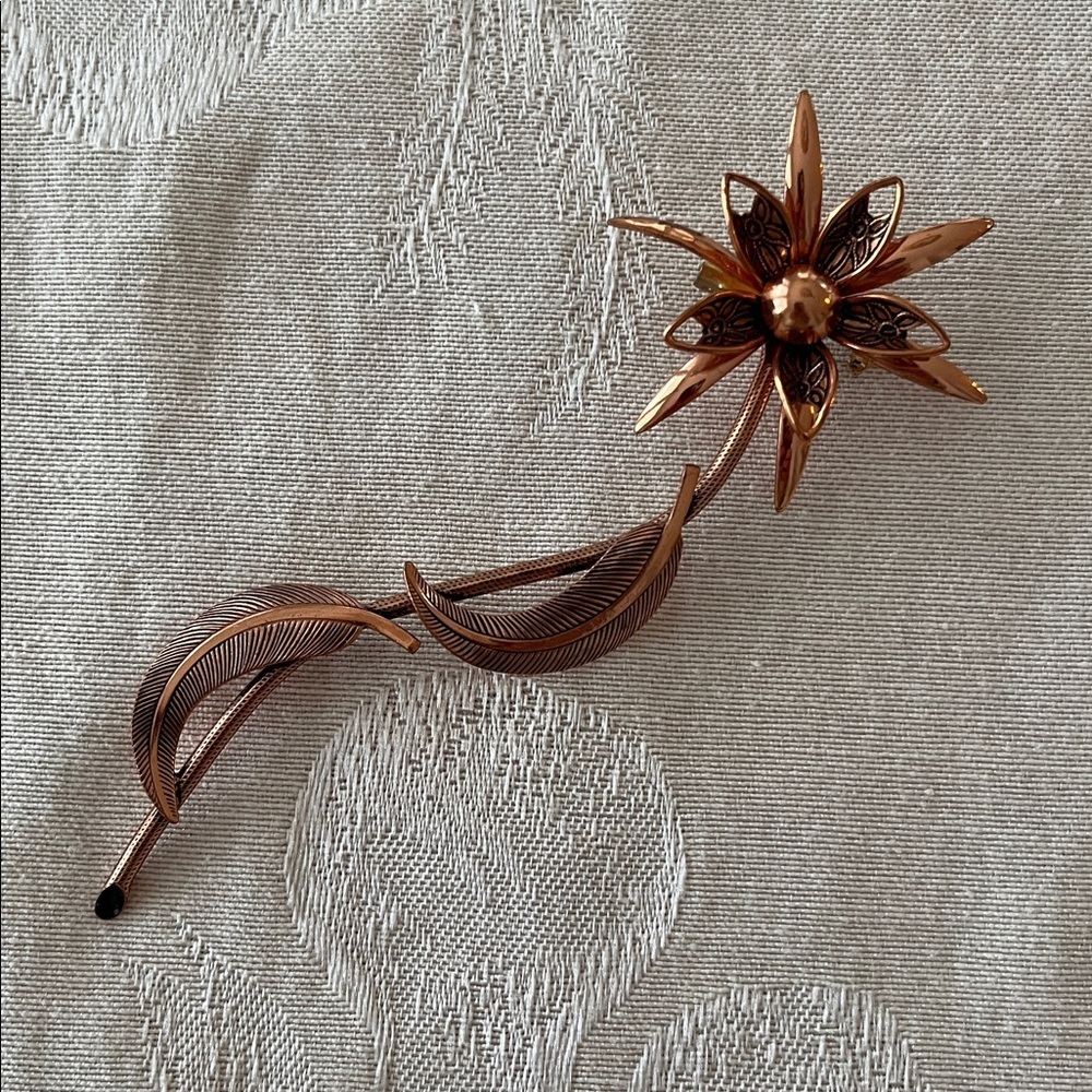 VINTAGE Unsigned Long Copper Brooch Flower Stem Leaves 70's Mid-Century Chic